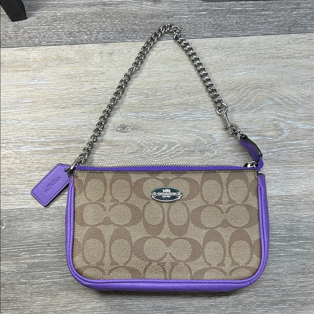 Coach Tan Signature Canvas Nolita Satchel with Purple Trim and Silver Chain